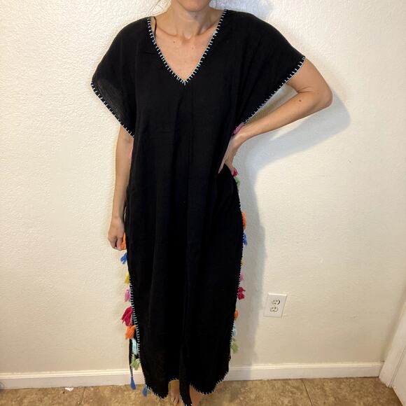 Blue Rod Beattie Long Cover Up Maxi Dress Cotton Black Rainbow Tassels Beach M - Picture 1 of 10